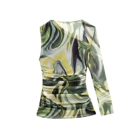 New Green Marble Swirl Mesh Asymmetric Top Size Large Like Zara - Picture 5 of 6